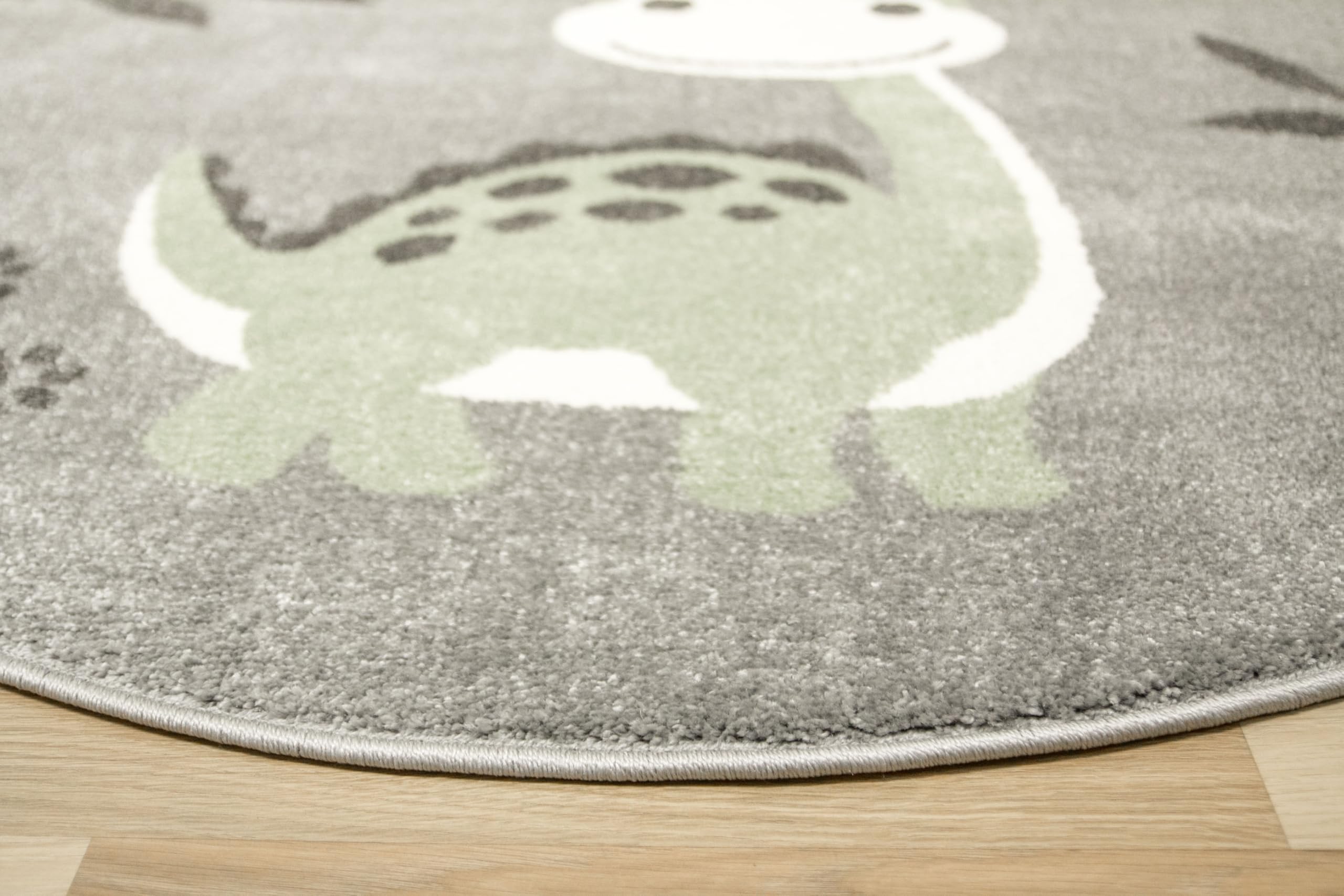 Runder Kinderteppich Lima Dinosaurier Grau, Grün 160 cm, Teppiche für EIN Kinderzimmer mit kurzem Flor, Teppich für einen Jungen, Mädchen, Gemütlich Spielteppich, Dekorativ
