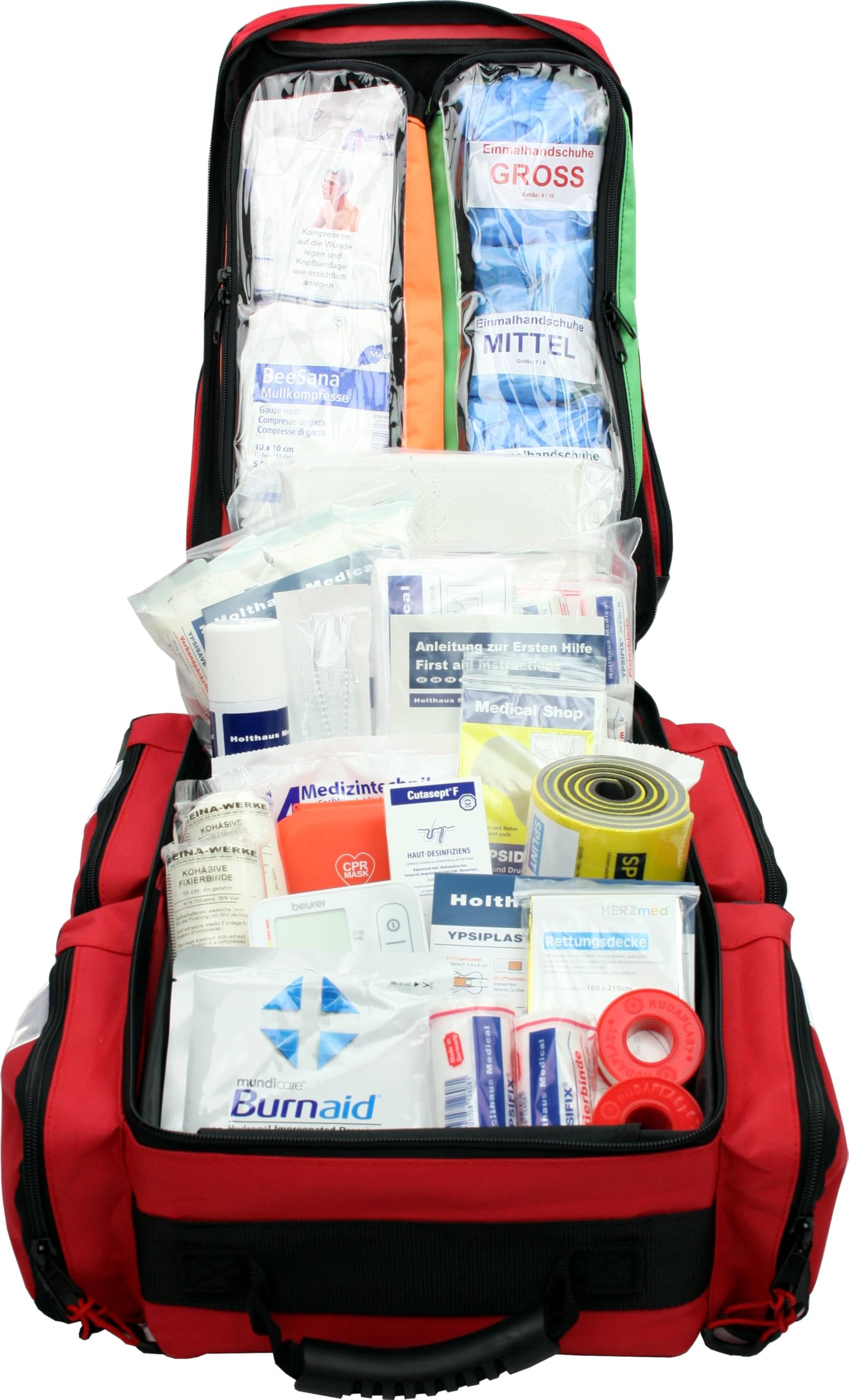 Erste Hilfe Notfallrucksack gefüllt für Sport Freizeit & Event mit 5 Außentaschen - ca. 31 Liter Volumen