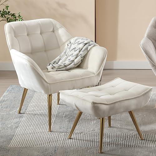 Guyou Small Accent Chair with Ottoman for Bedroom, Modern Armchair Reading Chair with Footrest Velvet Lounge Chair with Gold Legs for Living Room