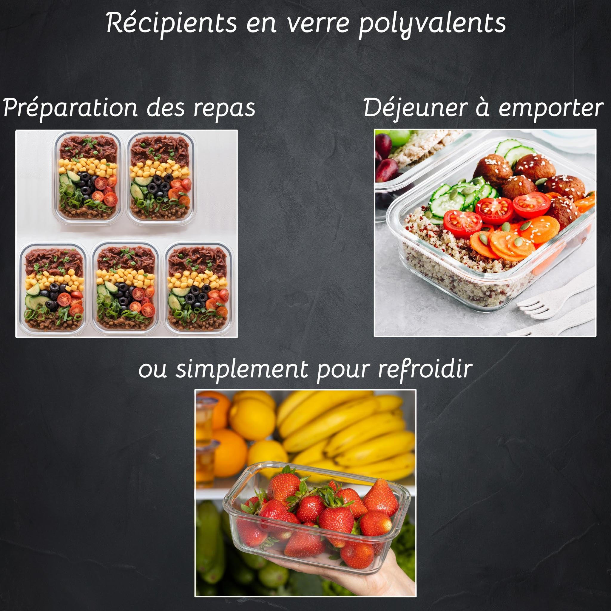 Tokyo Juego de recipientes herméticos Mealprep con 5 recipientes de cristal y 5 tapas de plástico (negra), 100% hermético e higiénico, apto para lavavajillas y microondas