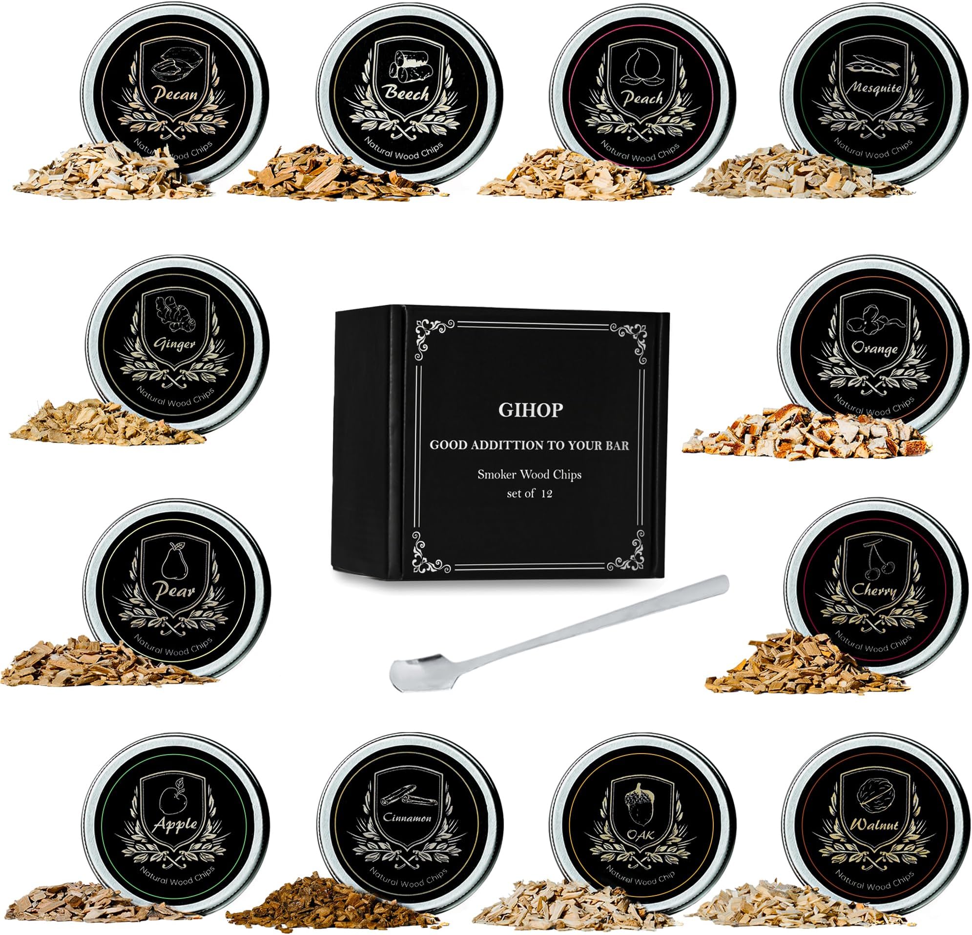 Cocktail Smoker Chips, 12 Flavors Wood Chips Orange Cinnamon Ginger Apple Beech Pear Cherry Oak Walnut Pecan Mesquite Peach for Cocktails, Whiskey, Bourbon, Smoking Gun, Bar, Smoker Accessory