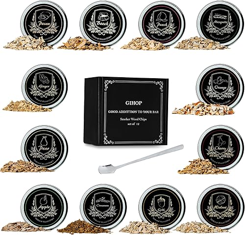 Chips de ahumador de cóctel, 12 sabores de chips de madera, naranja, canela, jengibre, manzana, haya, pera, roble cerezo, nuez, nuez, nuez, durazno