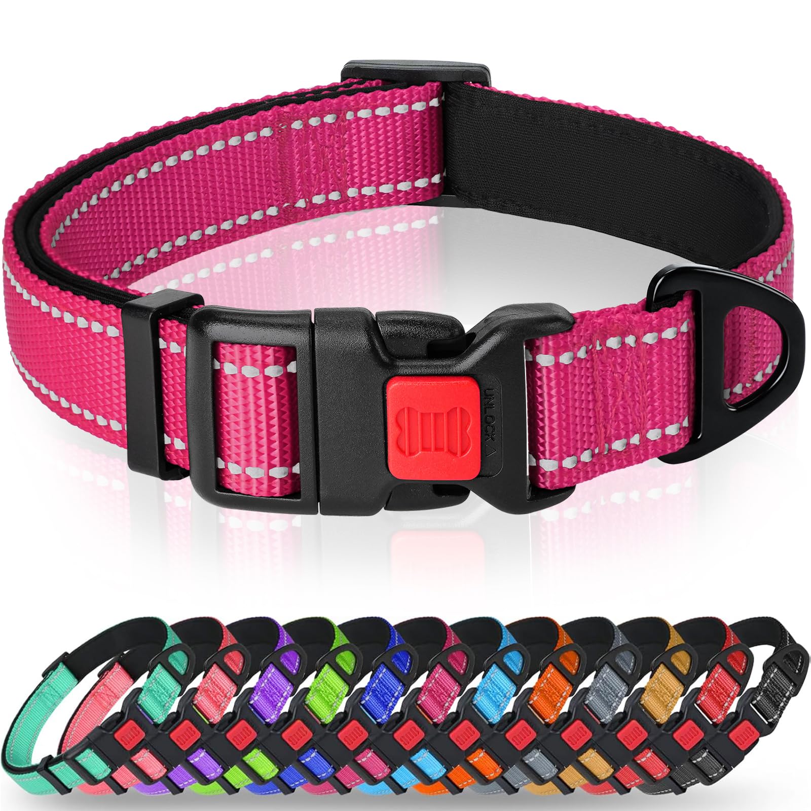 Taglory Reflective Nylon Dog Collar with Safety Buckle, Adjustable Pet Collars with Soft Neoprene Padding for Puppy Dogs, XS, Hot Pink