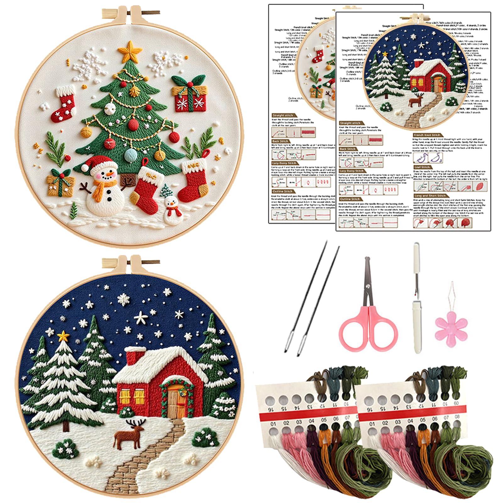 Kit De Broderie Point De Croix De Noël - Pour Débutants, Avec Cadre Réglable - Motifs Sapin, Père Noël, Etc.