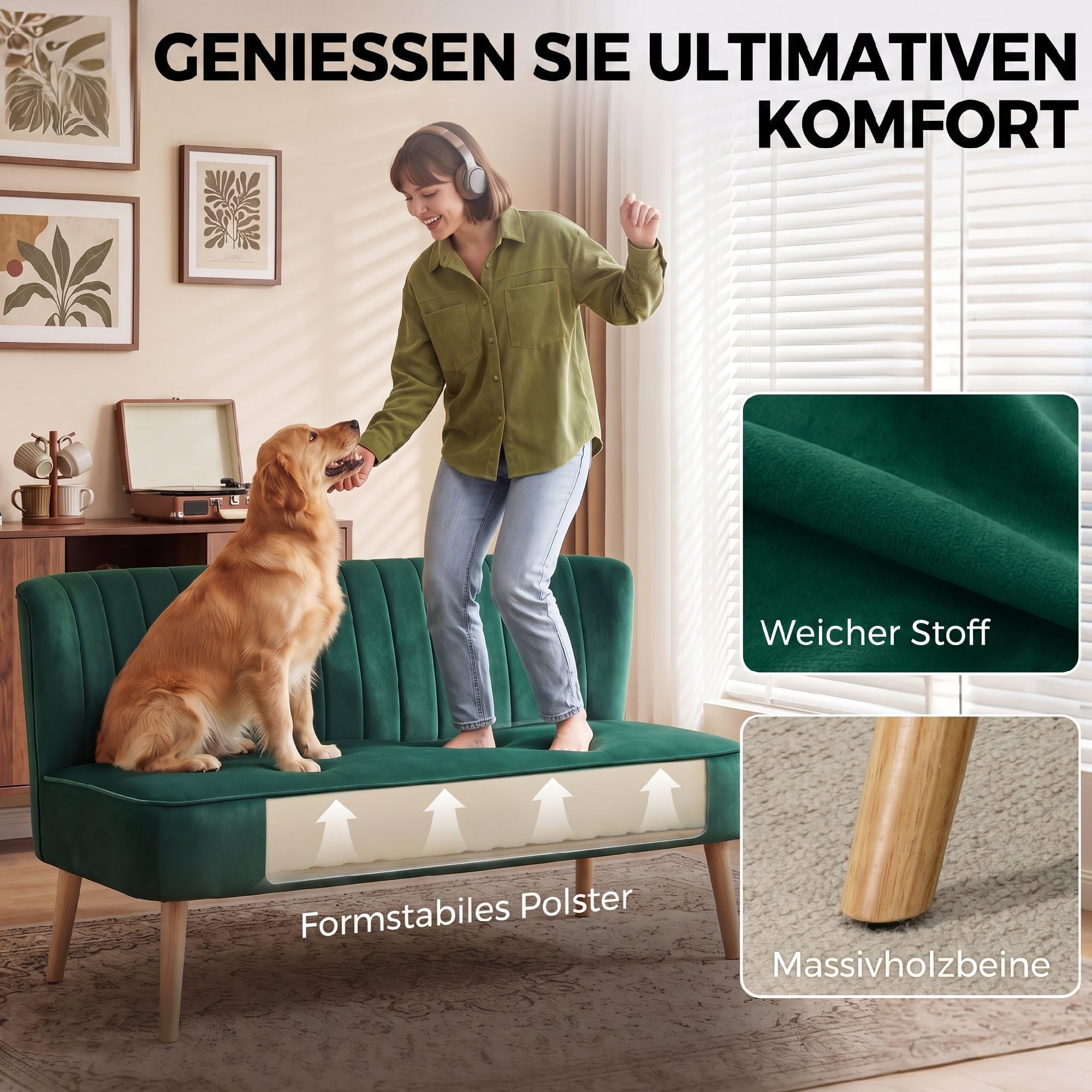 HOMCOM Sofa 2 Sitzer Couch, Kleine Loveseat mit Samt-Optik Modern Polstersofa für Wohnzimmer, Schlafzimmer, kleinen Raum, Dunkelgrün 117 x 56,5 x 77 cm