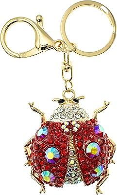 Evenchae Bejeweled Ladybug Keychain, Rhinestones, Filigreed Gold Back, Drawstring Gift Bag - 4.5