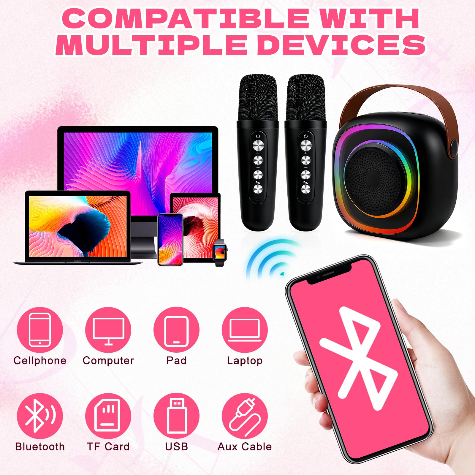 Microfono Senza Fili Karaoke Giocattoli 2 Microfono Bluetooth Portatile con Luci LED per Bambini Adulti
