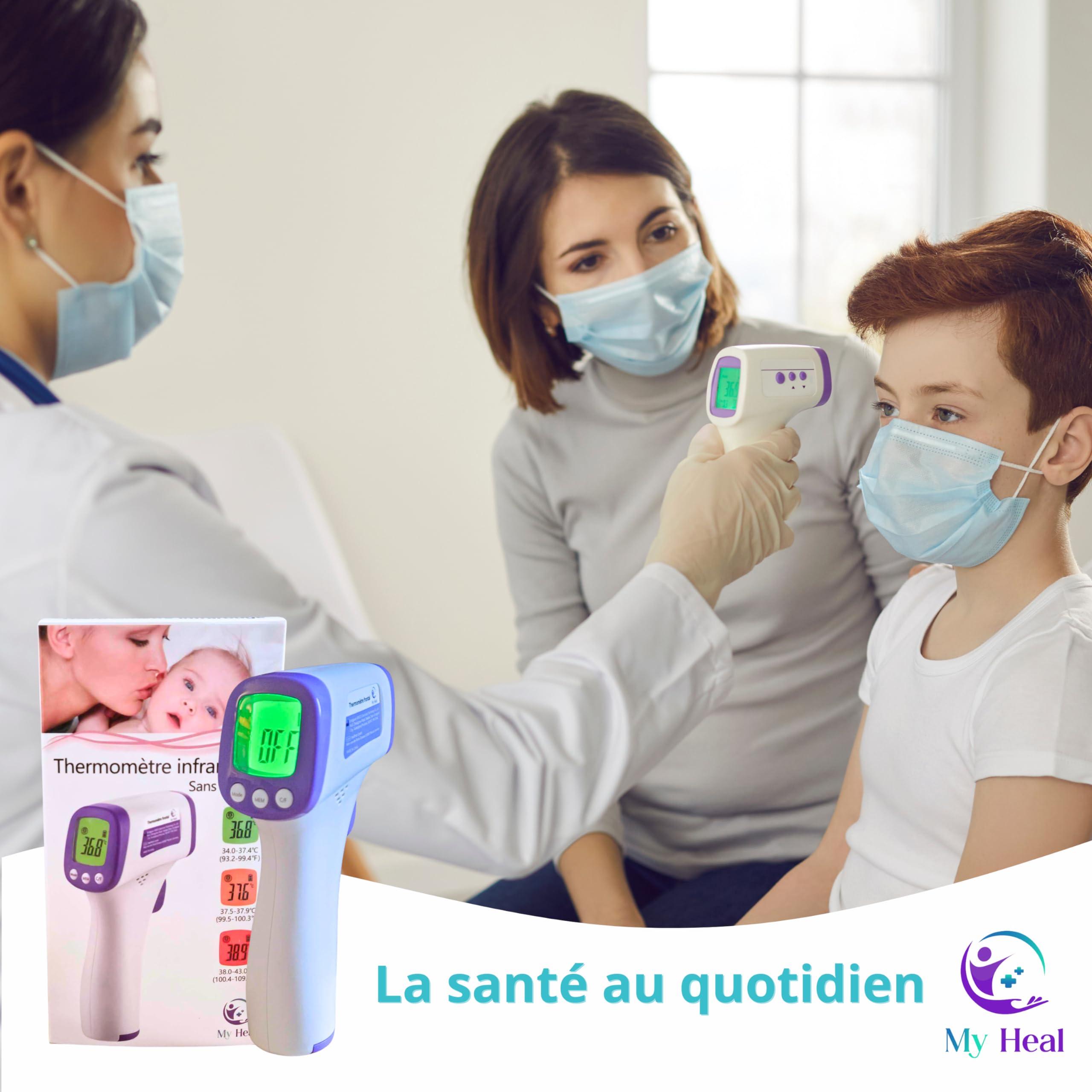 Termometro frontale professionale senza contatto | Termometro medico infrarosso adulto & bambino | Misura superficie & bagno | Modello viola – Batterie gialle incluse