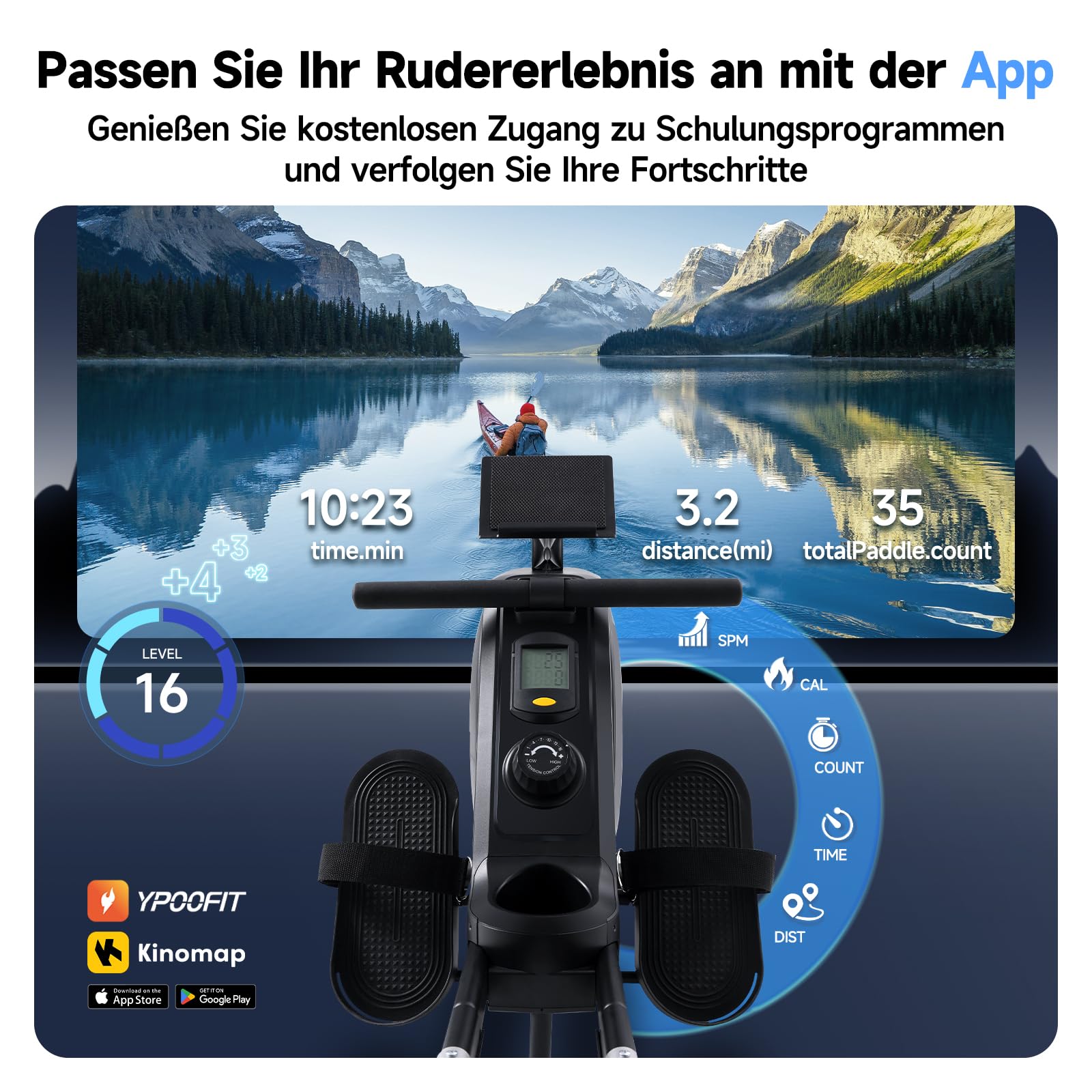 YPOO Rudergerät für Zuhause,Leise Rudergeräte Klappbar Magnetische,16 Widerstandsstufen,Upgrade Doppel-Slide-Rails,Rudermaschine LCD-Datenanzeige,Exklusiver APP,Belastbar bis160KG,Vertikal Verstaubar