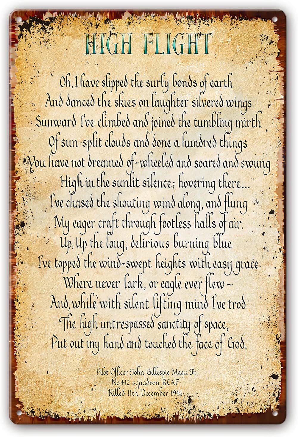 High Flight Poem Wall Decor Metal Tin Sign John Gillespie Magee Jr Quotes Wall Art Poetry Poster for Bedroom Contemporary Home Decorations Picture Painting Artwork 8x12 Inch