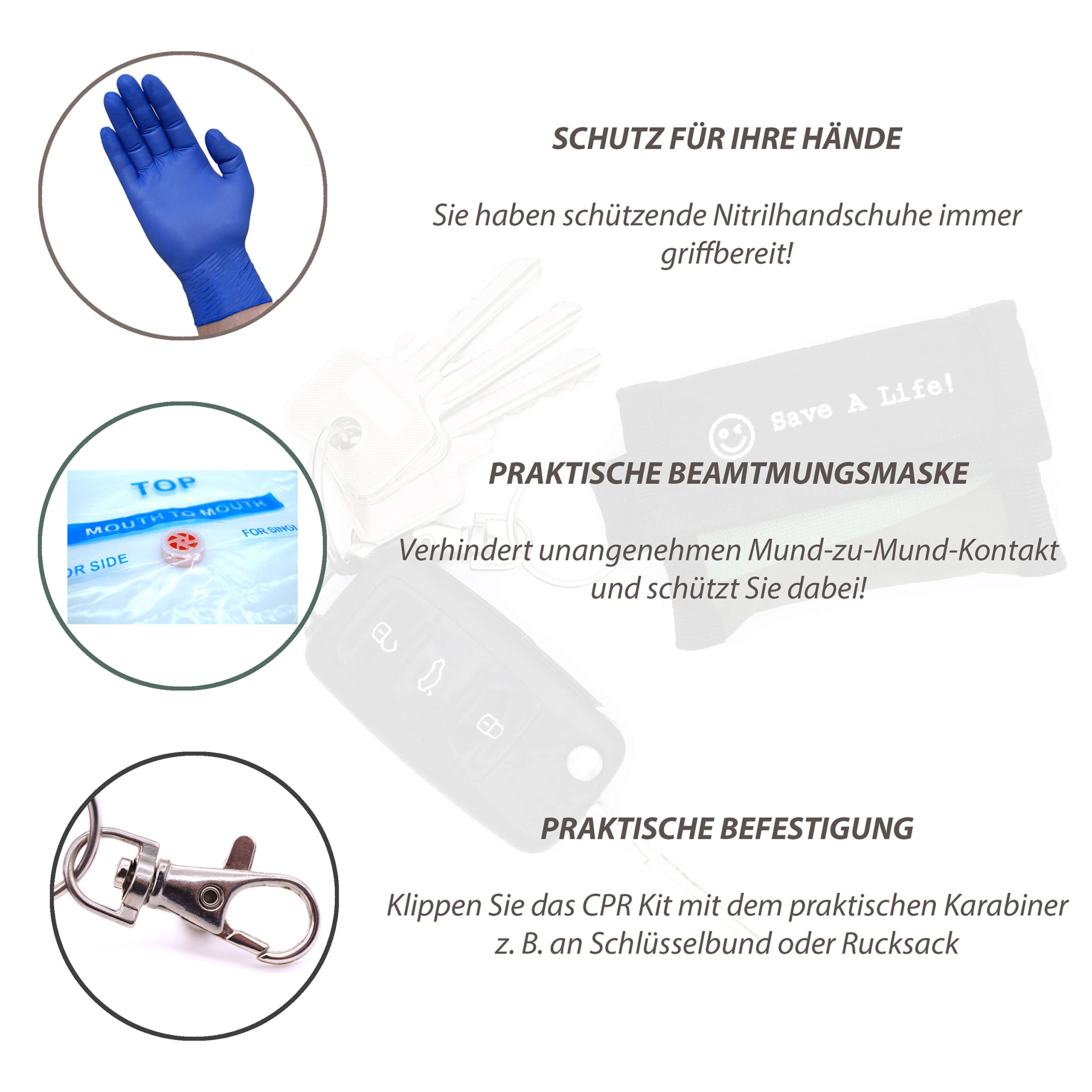 CPR maschera respiratoria in set da 2 pezzi, pratico set di primo soccorso con guanti usa e getta, piccolo portachiavi con moschettone