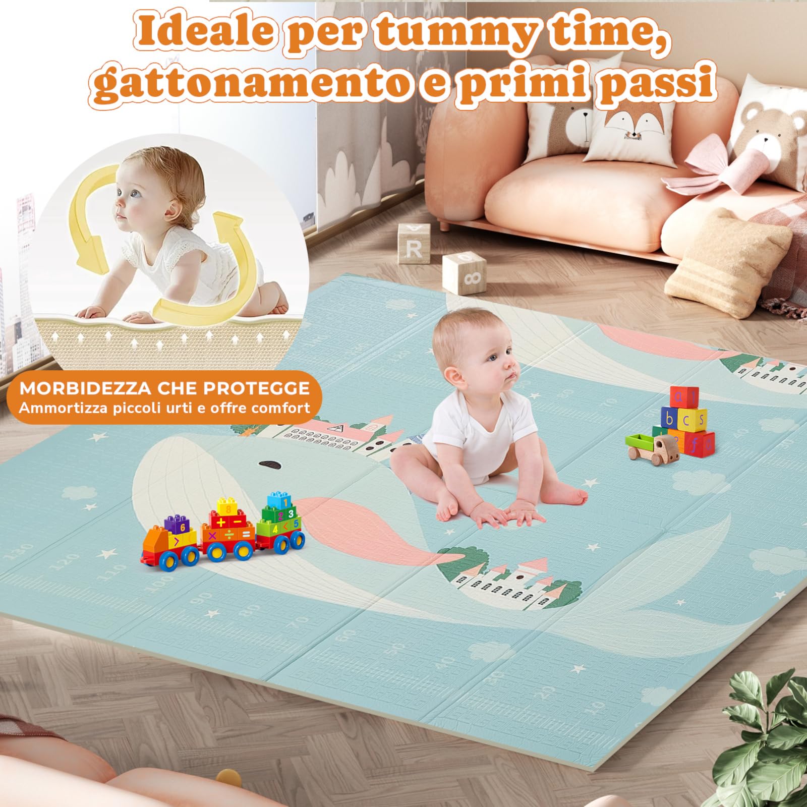 Tappeto gioco bambini pieghevole 120x180x0.8cm Palestrina neonato Montessori Reversibile Non Tossico Impermeabile Antiscivolo Schiuma XPE, Palestra Neonati - tappeto Tummy Time Neonati, Regalo Bambino