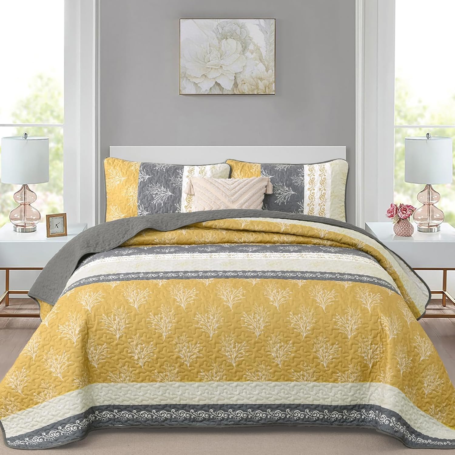 DJY Yellow Boho Quilt Set King Size, Striped Floral Yellow and Grey Bedspread Coverlet, 3 Pieces Patchwork Stripe Quilt Bedding Set Soft Microfiber Reversible Bedspread for All Season (110"x90") - Image 2
