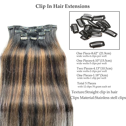 Miniatura 3 de Extensiones de cabello humano brasileño sin costuras con clip, color negro natural degradado que se desvanece a castaño castaño, extensiones de