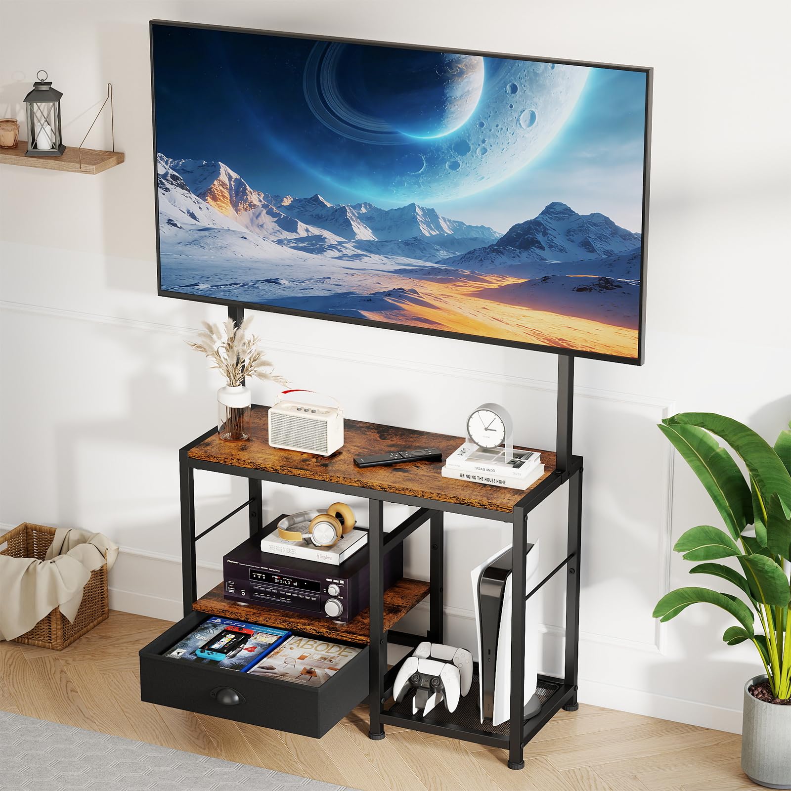 ikkle TV-Ständer für 32- bis 55-Zoll-Bildschirme, Verstellbarer Fernsehständer mit Halterung, TV-Konsolentisch mit Ablagefach und Schublade, Kleiner TV-Ständer für Schlafzimmer und Wohnzimmer, Braun