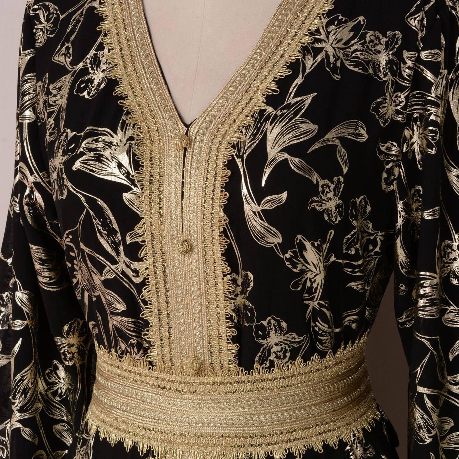 Générique Abaya Femme Dubai Luxe Col V Broderie Florale Effet Métallisé Manches Longues Robe de Soirée Élégante Tenue Islamique Haut de Gamme Prière