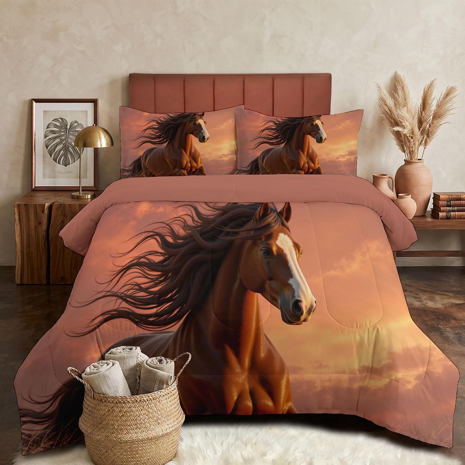 Natural Animals Comforter Set King Size, Sunset Horses Bedding Set for Girls Boys, Brown Quilt Bed 104"X90" Bedding Comforter Sets with 2 Pillowcase Room Decor