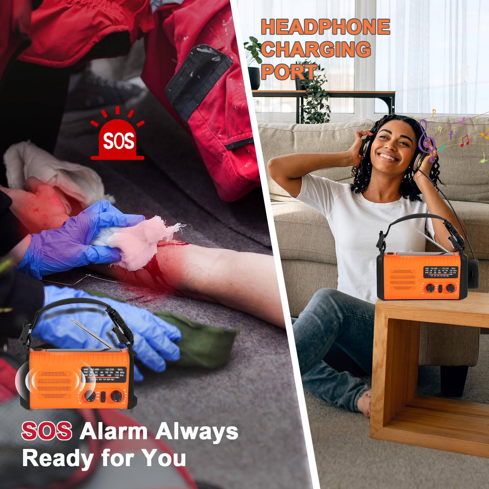 Radio di emergenza da 20000 mAh/74000 mWh, radio a manovella solare AM/FM/NOAA, con caricabatterie per telefono, allarme SOS, torcia elettrica e lampada da lettura per emergenze, uragano, campeggio