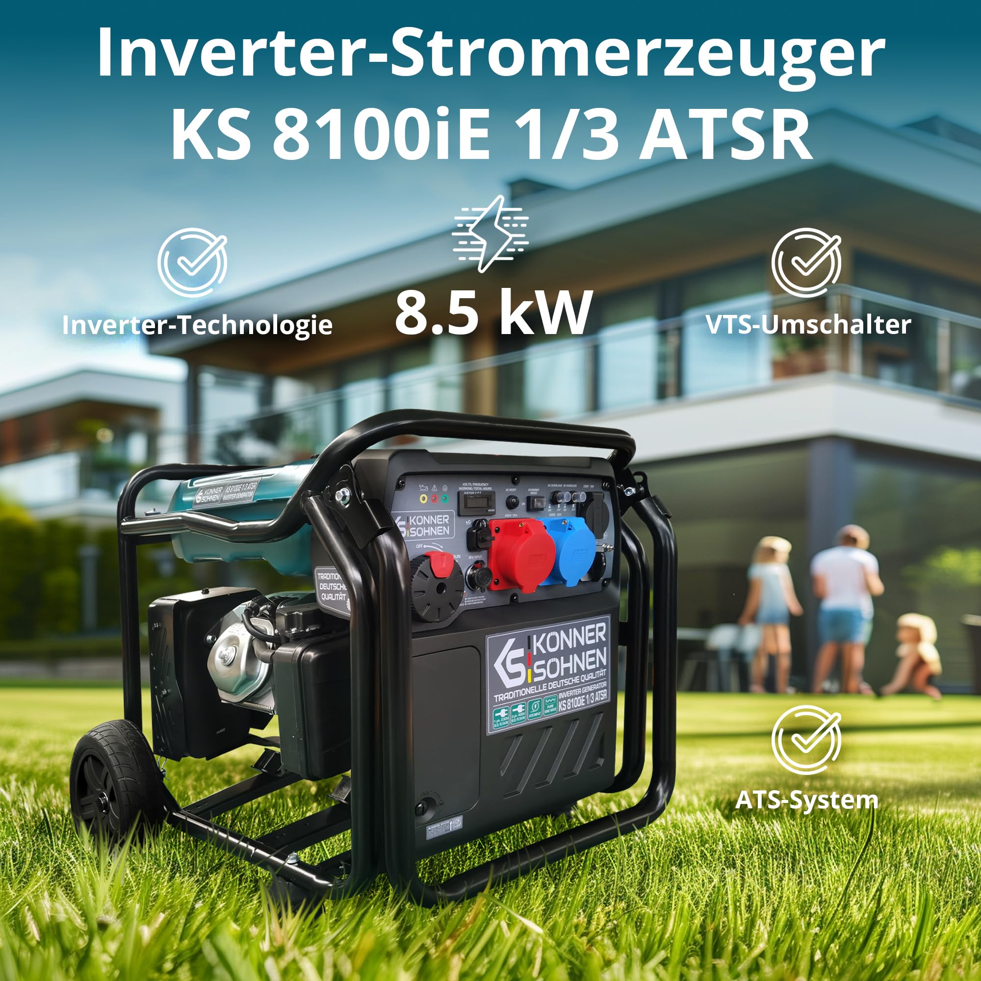 Könner & Söhnen KS 8100iE 1/3 ATSR Inverter-Stromerzeuger 8,5 kW, für Einphasen- (230V) und Dreiphasenbetrieb (400V), Benzin Generator Stromerzeuger mit ATS-Anschlussmöglichkeit