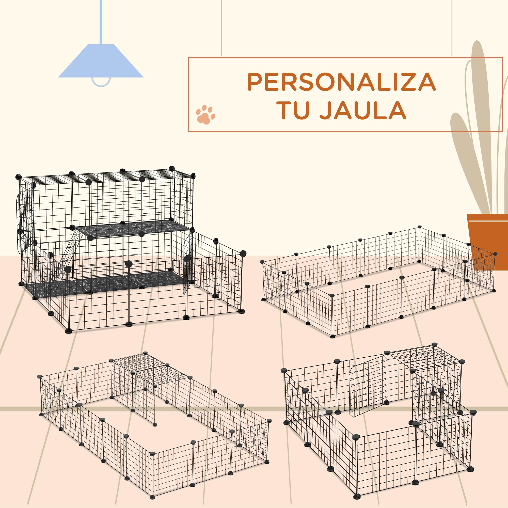 PawHut Valla para Animales Pequeños DIY con 24 Paneles Parque para Mascotas con Malla Metálica Jaula Modular para Cobayas Conejos Chinchillas 105x105x70 cm Negro