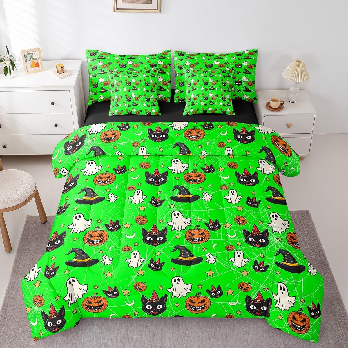 Erosebridal Halloween Decorations 7 Pieces Bedding Set Pumpkin Lantern Ghosts Witch Hats Cats Queen Comforter Set with Sheets for Boys Girls Kids Cobwebs Horror Goth Bed in a Bag Bed Set Green
