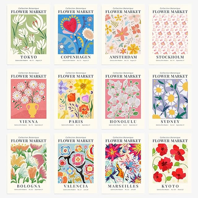 MUAEEOK 12PCS Flower Market Poster, Danish Pastel Room Decor, Floral Wall art, Boho Wall Art, Wall Art for Living room Bedroom and Bathroom, Office Decor, Pastel Room Decor (8x10 in, Unframed)