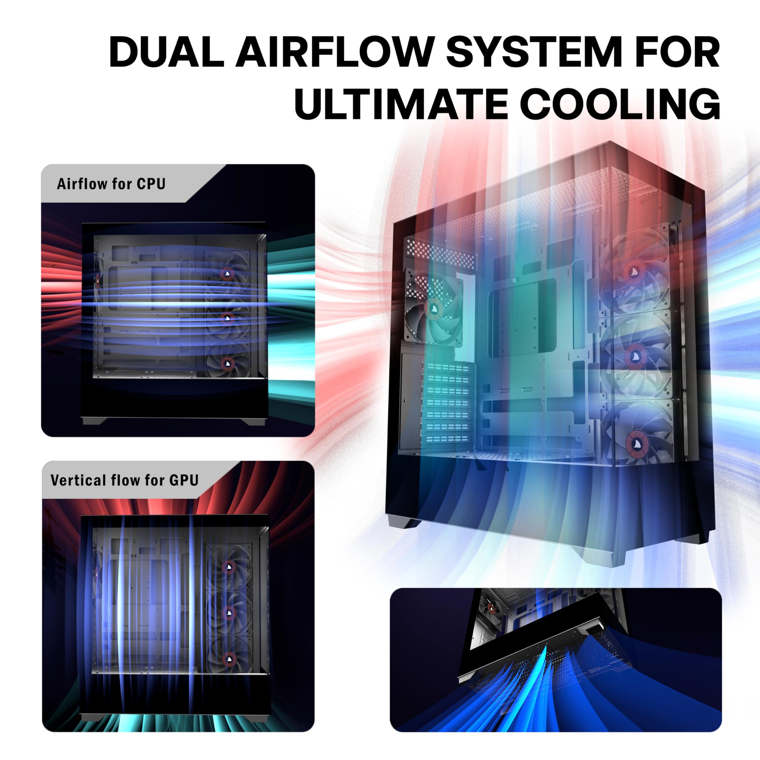 PC CASE ATX 4 Ventole preinstallate, Type-C Mid Tower case per computer con doppia vista in vetro temperato full-view, custodia per PC da gioco, nero, P4