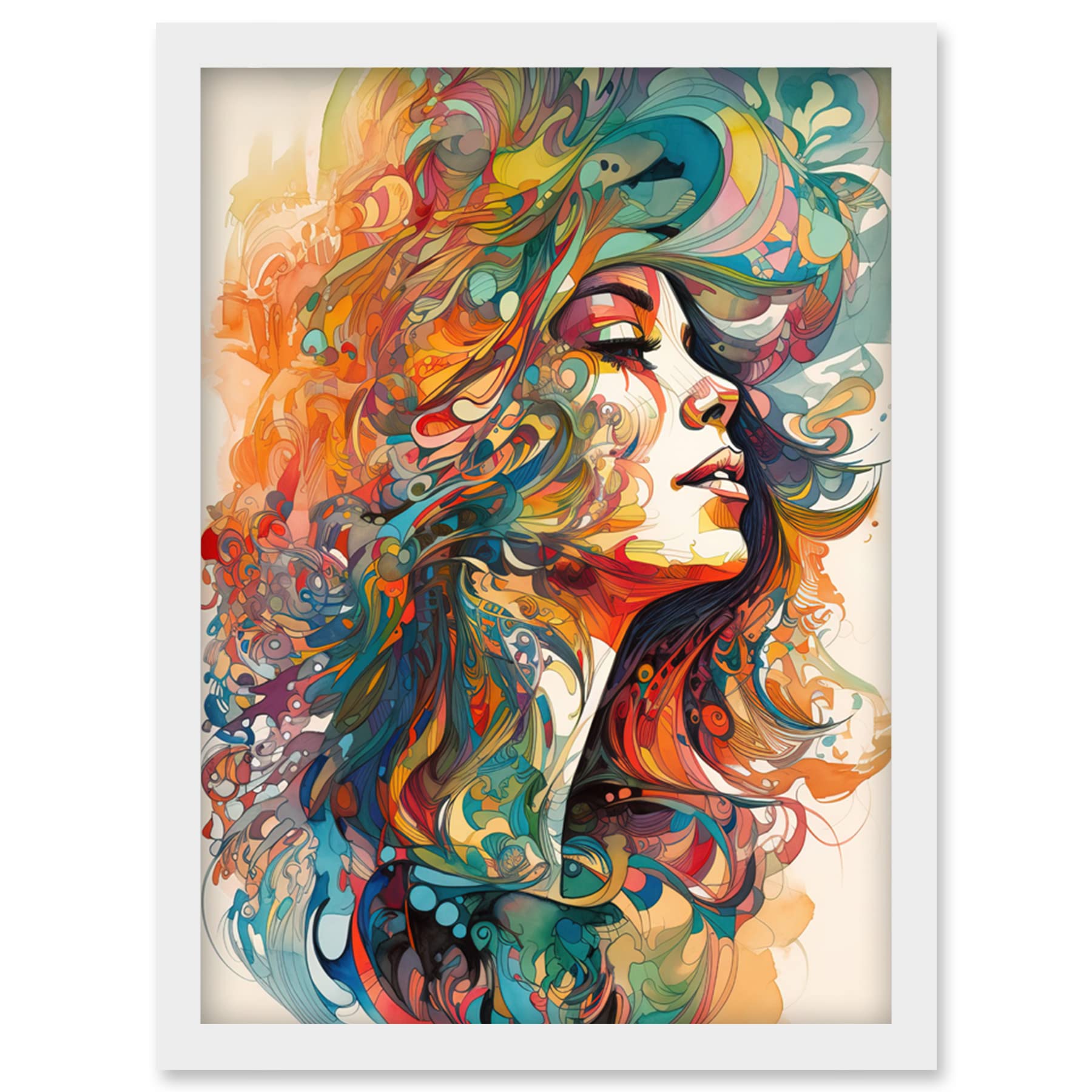 Artery8 Iris Goddess of Rainbows Multicoloured Flowing Hair Deity Portrait Modern Watercolour Illustration Artwork Framed Wall Art Print A4