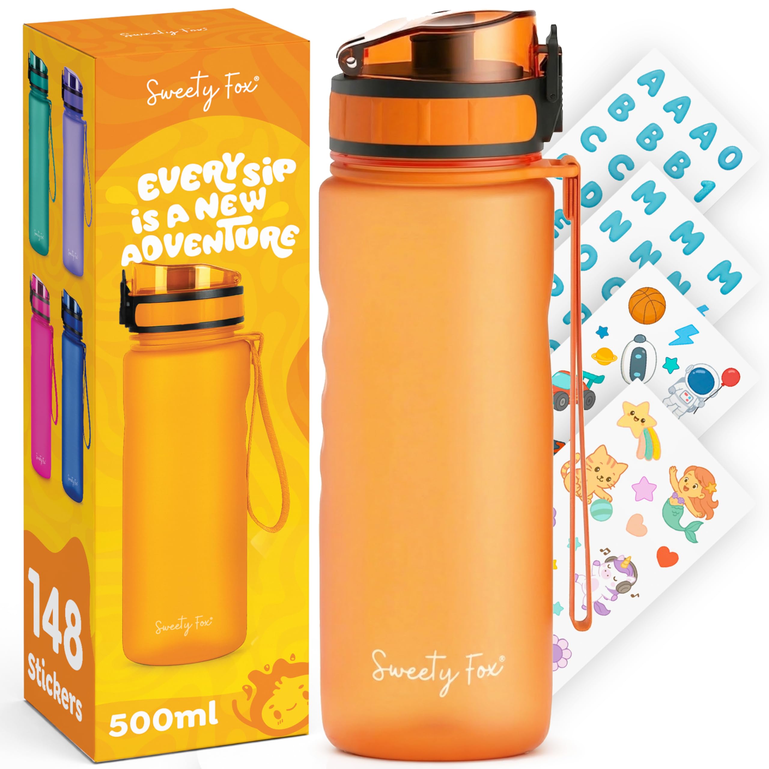 Sweety Fox Trinkflasche Kinder Kohlensäure Geeignet 500ml, Orange - Trinkflasche Sport 100% Auslaufsicher & Wasserflasche Spülmaschinenfest