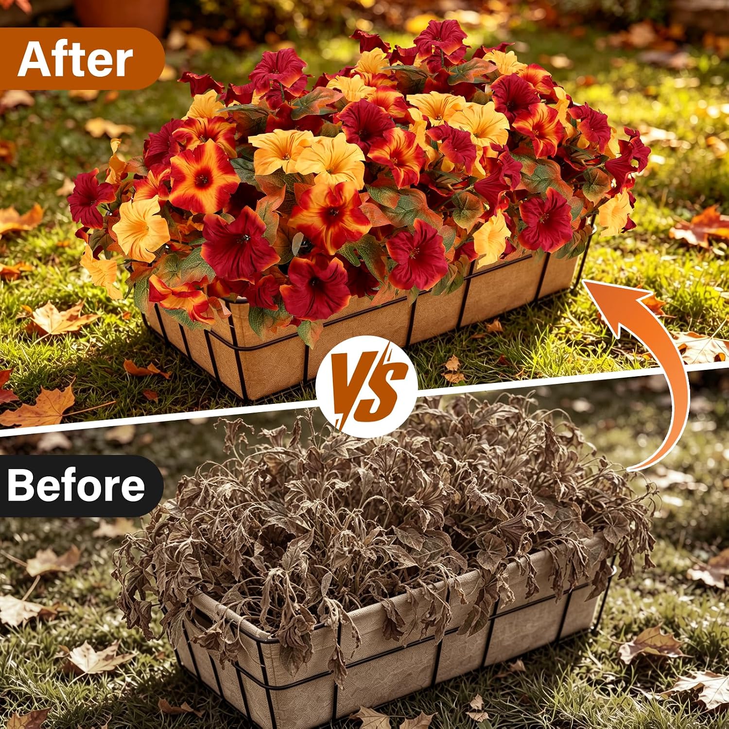 Artificial Fall Petunias for Outdoor, 4 Bundles Burgundy Yellow Gradient | 15.75'' UV Resistant Fake Flowers for Porch Patio Garden Planters Window Boxes Autumn Decor