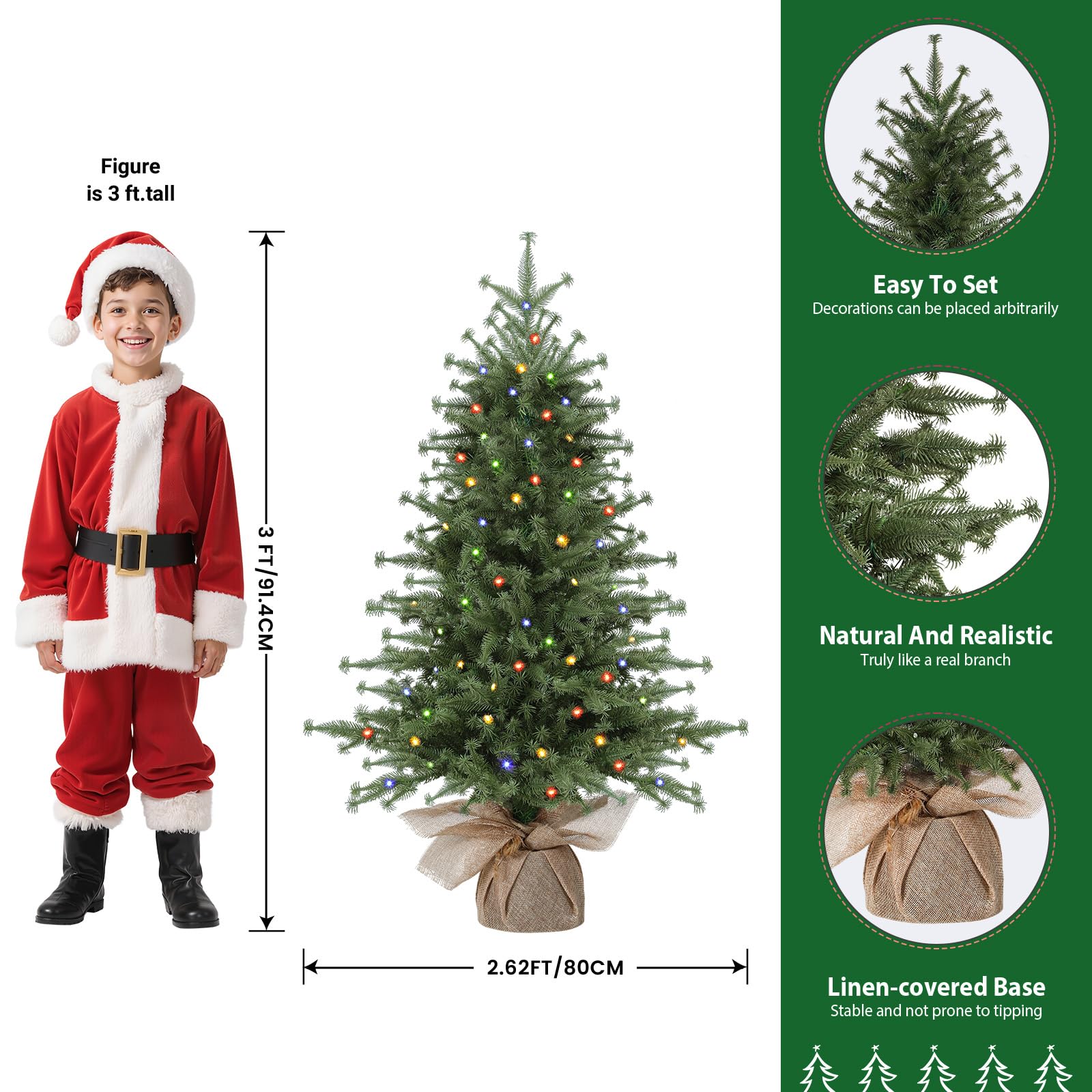 Alupssuc 3FT Albero di Natale Preilluminato, 90 Luci LED E 12 Modalità, Mini Albero di Natale Artificiale con Rami in PE Simili a Fiori Per Decorazioni Natalizie Interne Ed Esterne