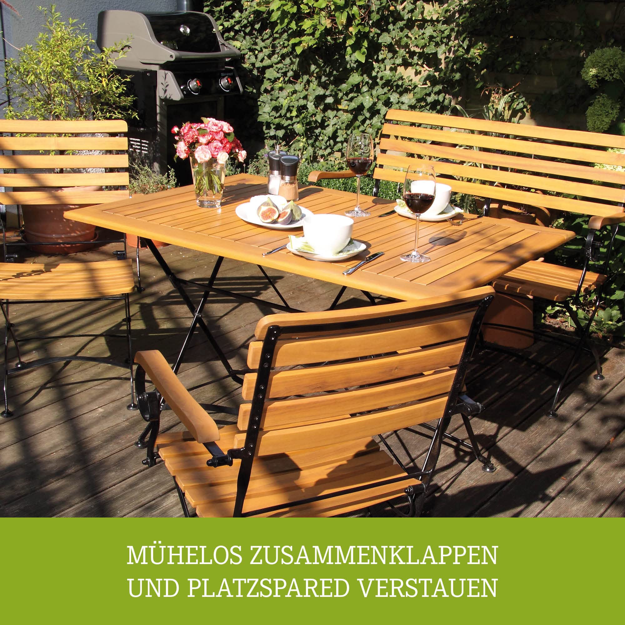 acamp Gartentisch klappbar Lindau | Esstisch Terassentisch | Klapptisch 80x80x75 cm | Flacheisen und FSC®-zertifiziertes, geöltes Akazienholz | wetterfest