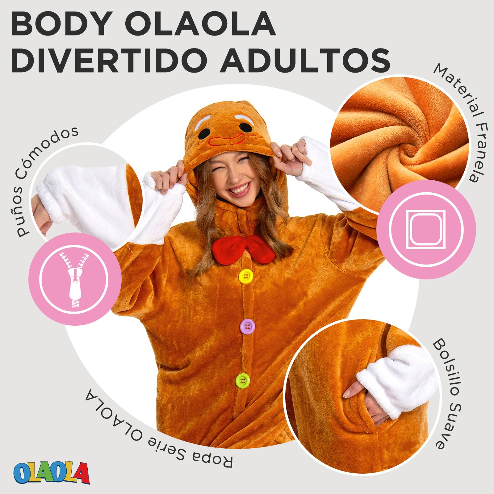 OLAOLA Pijama Entero Adulto Reno Pan de Jengibre Navideño, Felpa Suave Unisex para Carnaval, Navidad, Halloween