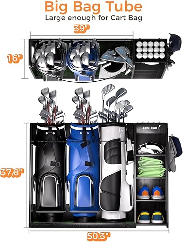 Miniatura 10 de SuniBoxi Organizador de bolsas de golf, estante de almacenamiento de golf de madera premium, elegante estante de almacenamiento de bolsas de golf