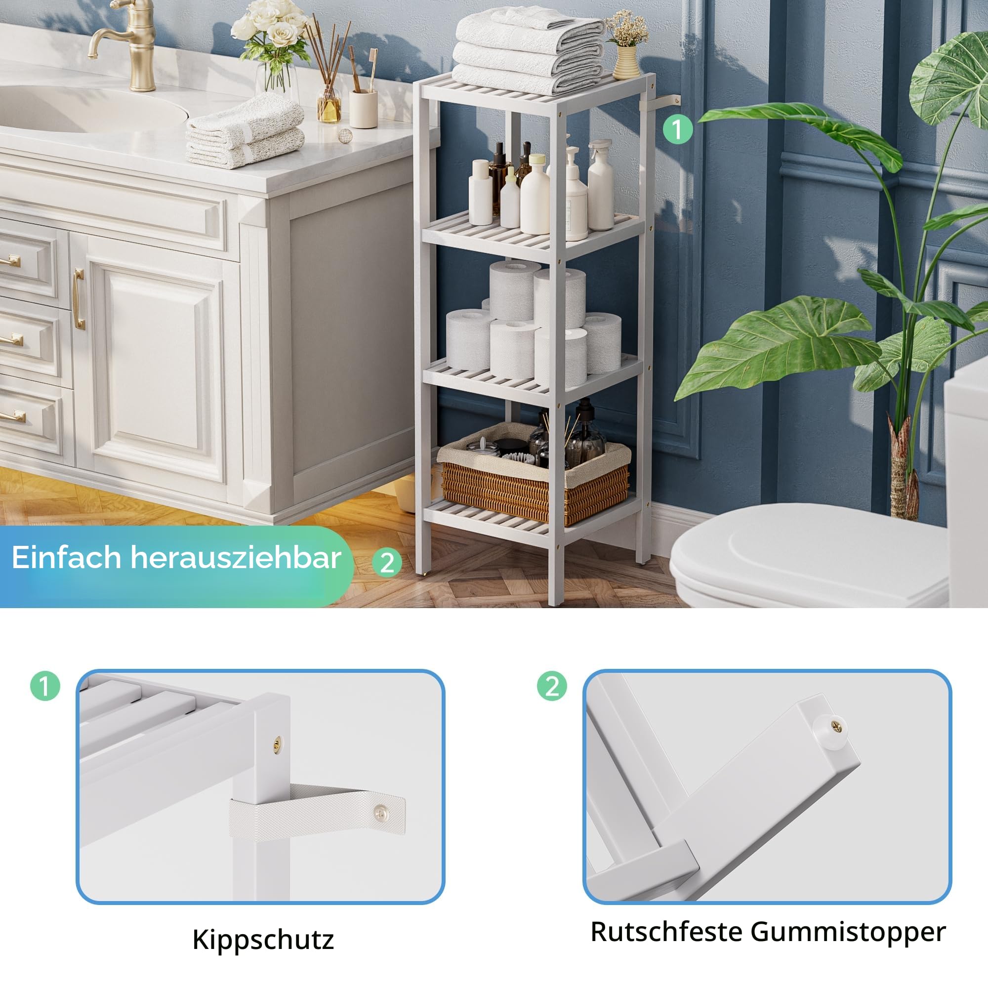 SMIBUY Badezimmer-Aufbewahrungsregal, 4 Ebenen, Bambusregal, Organizer, multifunktionales Regal für Wohnzimmer, Schlafzimmer, Küche (weiß)