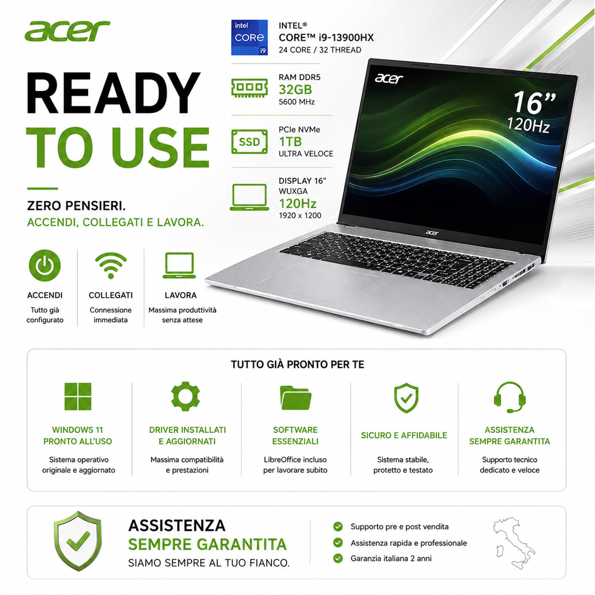 Acer Notebook Intel Core i9 13900H 13Th, RAM DDR5 32GB, SSD PCIe NVMe 1TB | Display 16" WUXGA 120Hz FHD+, 4 USB, Tastiera Retroilluminata, Wi-Fi 6, Display Port, Win 11, Libre Office, Preconfigurato