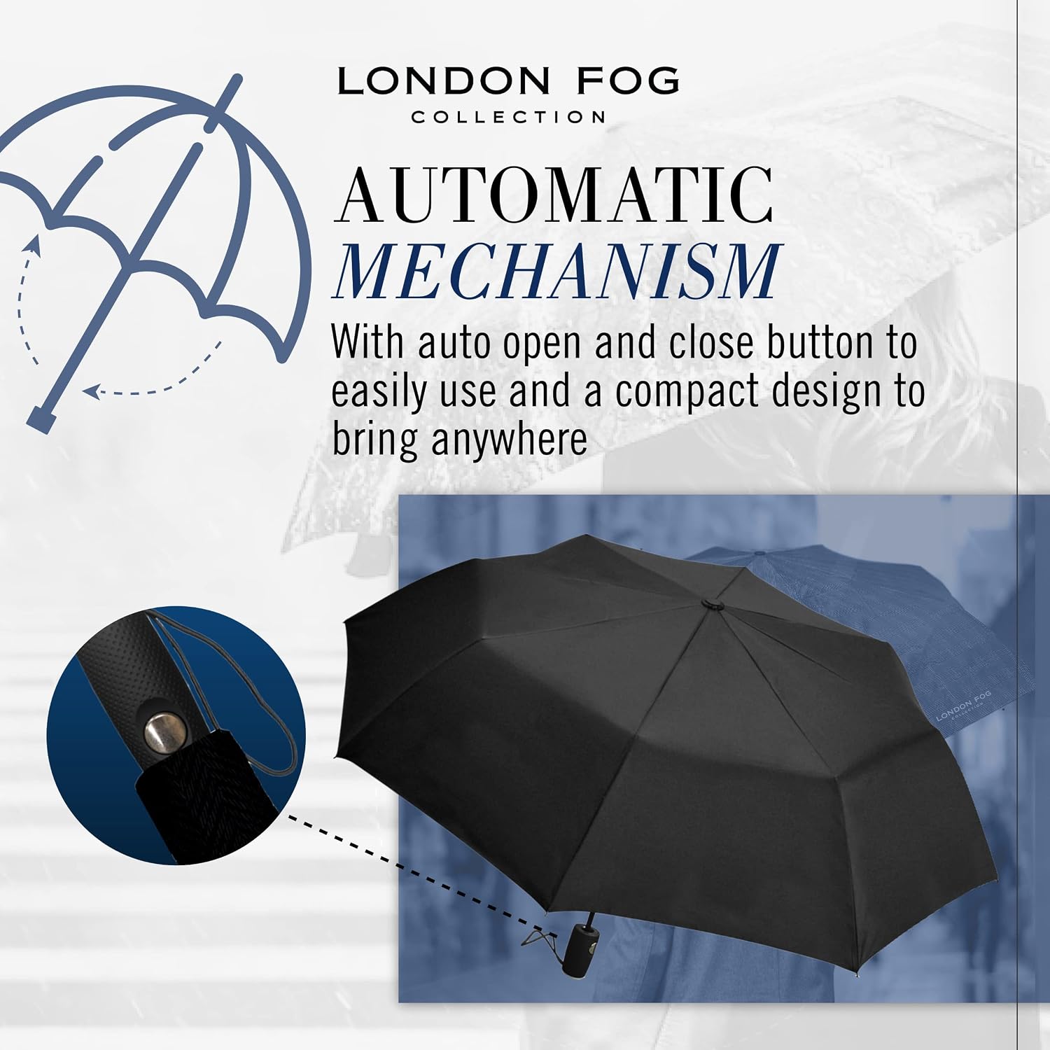 LONDON FOG Mini Rain Umbrella, Automatic Folding Umbrella, Windproof, Lightweight and Packable for Travel, Full 42 Inch Arc
