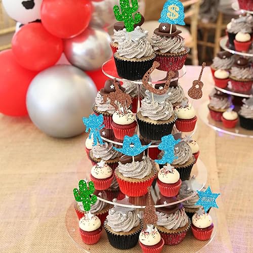 Miniatura 8 de Gyufise 36 piezas de adornos de vaquero para cupcakes con purpurina, zapatos de caballo, sombreros de vaquero, botas occidentales para cupcakes para