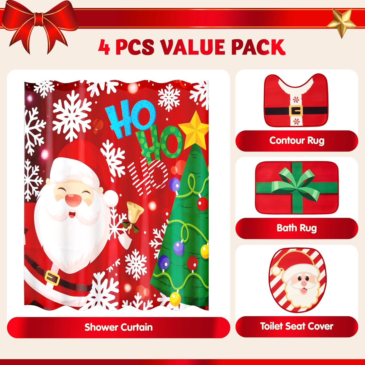 JOYIN 4 Pcs Christmas Bathroom Set with Shower Curtain, Bath Mat, Toilet Lid Cover, U Shape Rug & Hooks, Xmas Bathroom Decor Santa Claus Theme for Holiday Use Party Favors Indoor