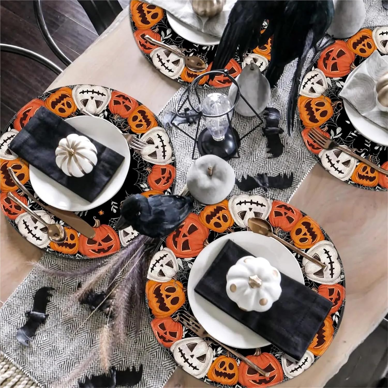 4pcs Ghost Pumpkin Halloween Round Placemats, 14 Inch Spooky Black Table Mats for Party Kitchen Dining(9)
