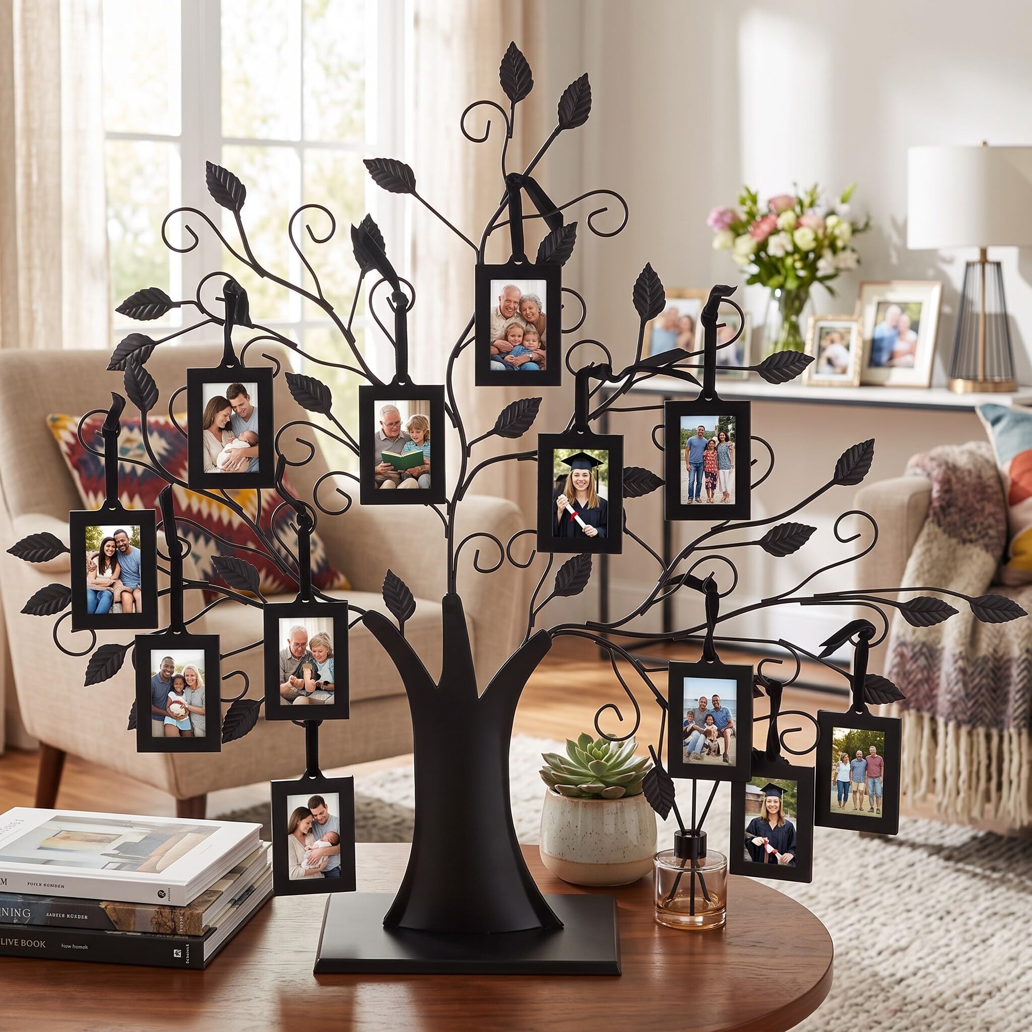 Ejoyous Marco de fotos de árbol genealógico, moderno árbol de fotos familiar para 12 fotos, personalizado, para decoración de escritorio, jóvenes, niñas, hombres y mujeres (L 6,4 x 4,6 cm)