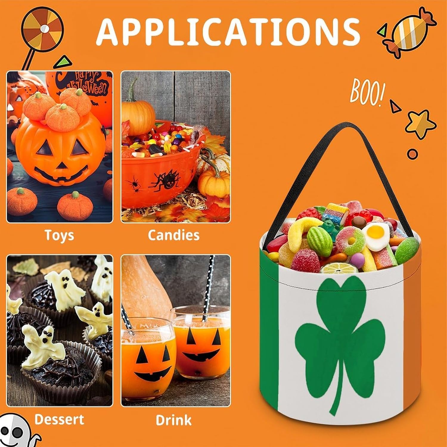 DWVSFJM Happy Irish Holidays Halloween Tote Candy Bag Foldable Handheld Bucket Reusable Candy Basket With Handles Multipurpose Portable Gifts Bags For Festival Party Gathering image 3