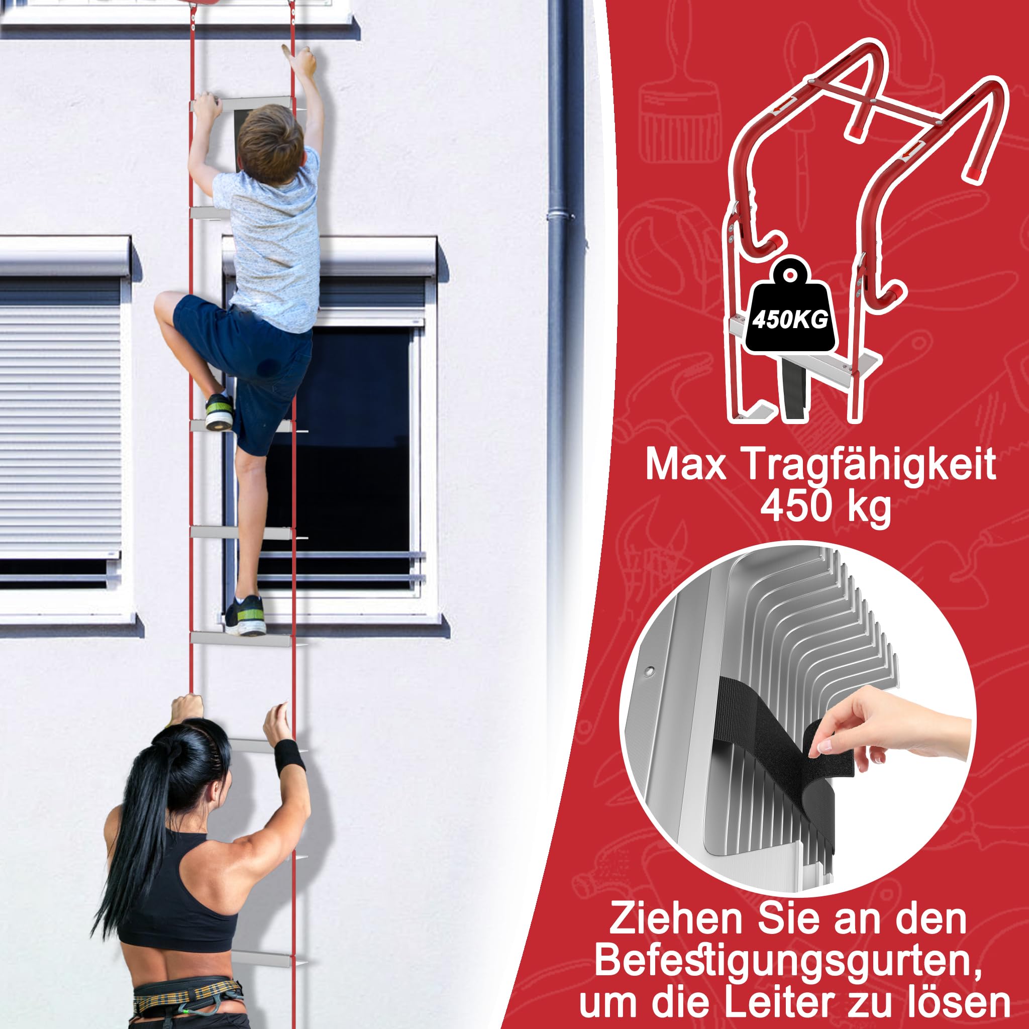 UISEBRT Escalera de emergencia ignífuga, escalera de seguridad, escalera de cuerda retráctil, adecuada para edificios de 4 pisos, balcón, ventana, capacidad de carga de hasta 450 kg (15 m/45 peldaños)