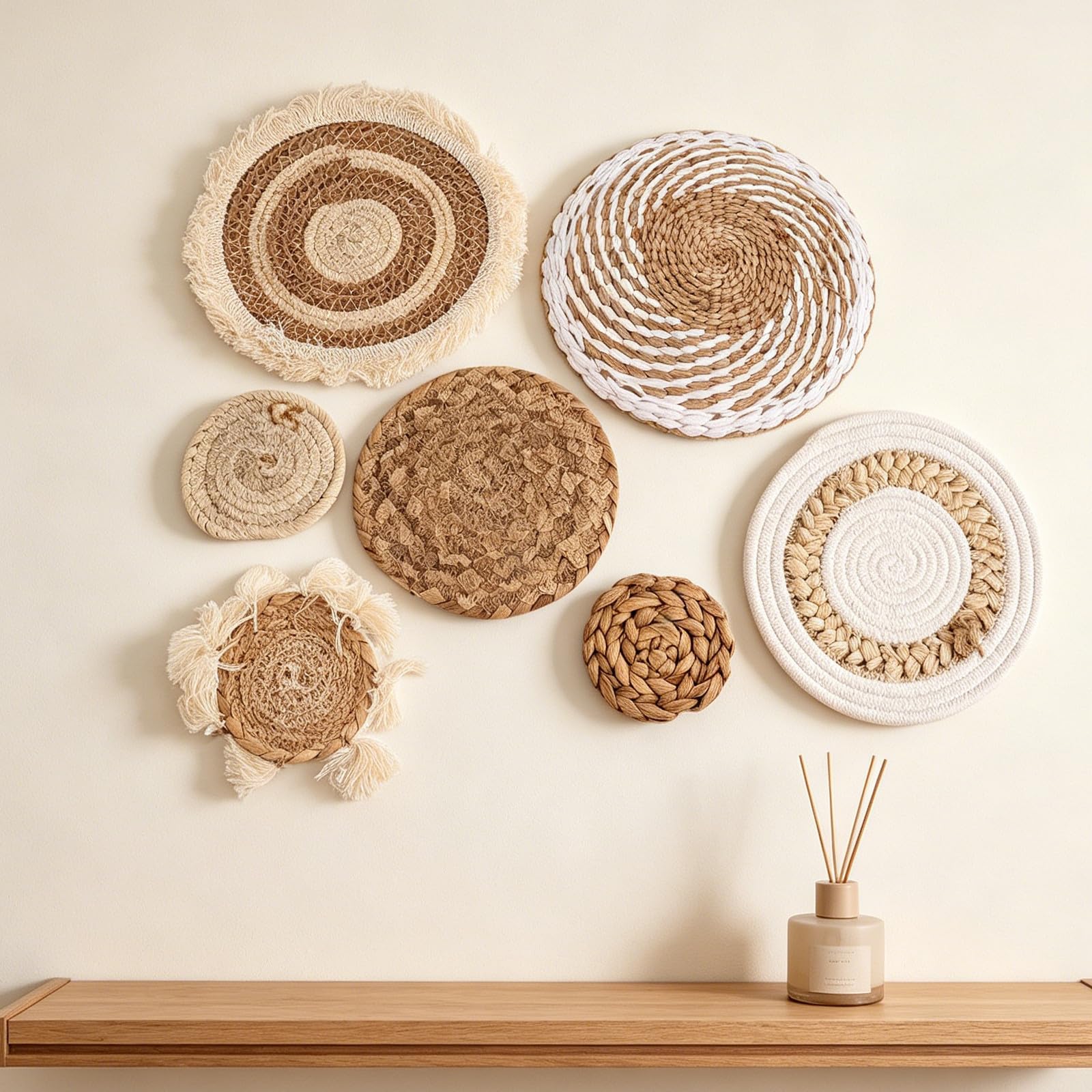 HAPINARY Boho Wanddeko Leichte Runde Wandkörbe 7 Stück aus Handgeflochtenem Rattan Einfache Montage im Landhausstil für Wohnzimmer und Schlafzimmer