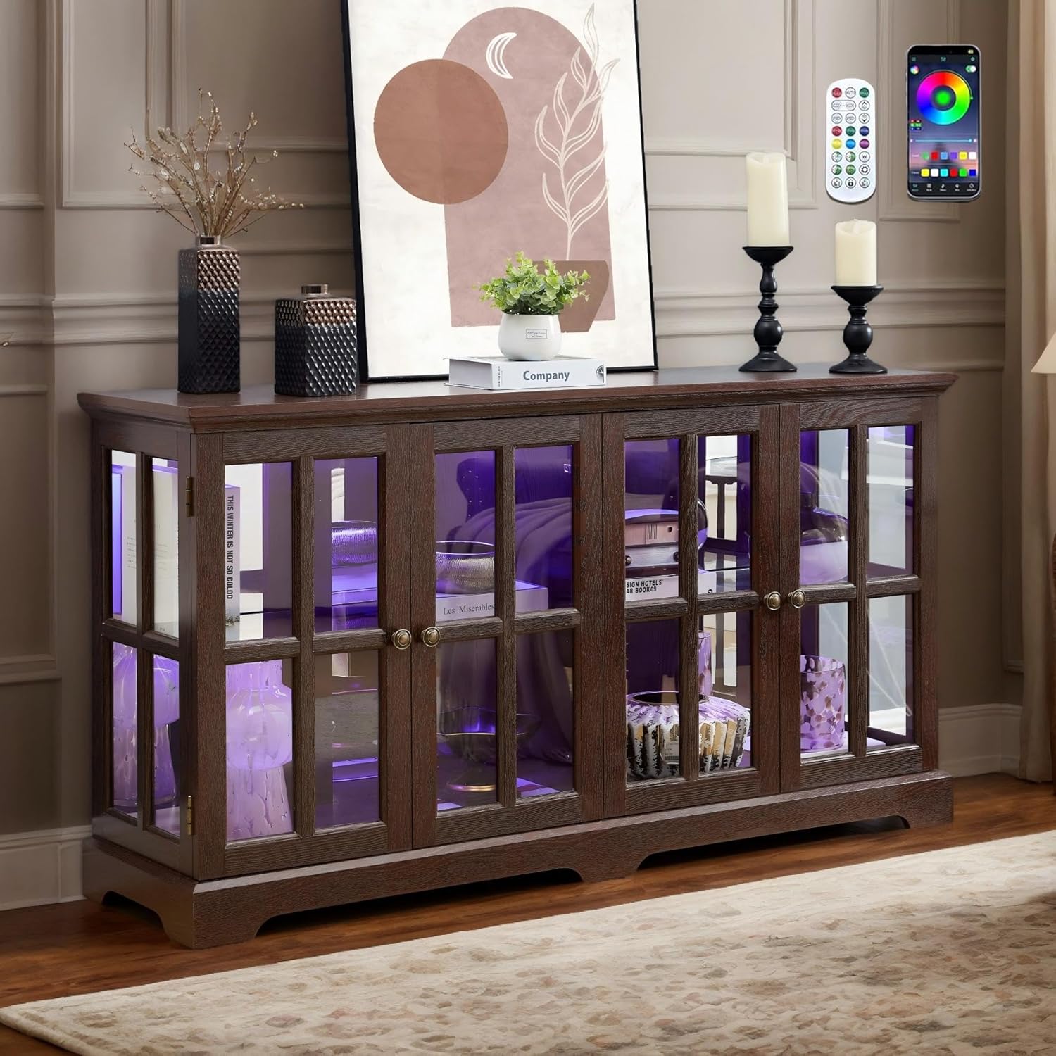 59" W LED Glass Display with 7 Color Lights, Vintage Curio Cabinet with 4 Glass Doors and Adjustable Shelves, Wooden China Case with Smartphone-Controlled for Living Room (Dark Cherry)