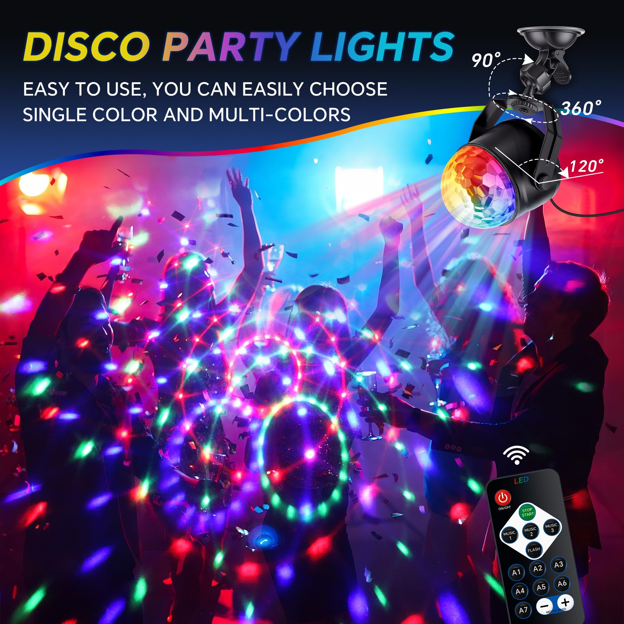 Luci Discoteca RGB, Portatile 360" Ruotabile Musica Attivata Telecomando LED Luci da Festa, Sfera Luminosa da Discoteca con Ventosa Per Home Dance Parties KTV Party,Bar, Club, Festa