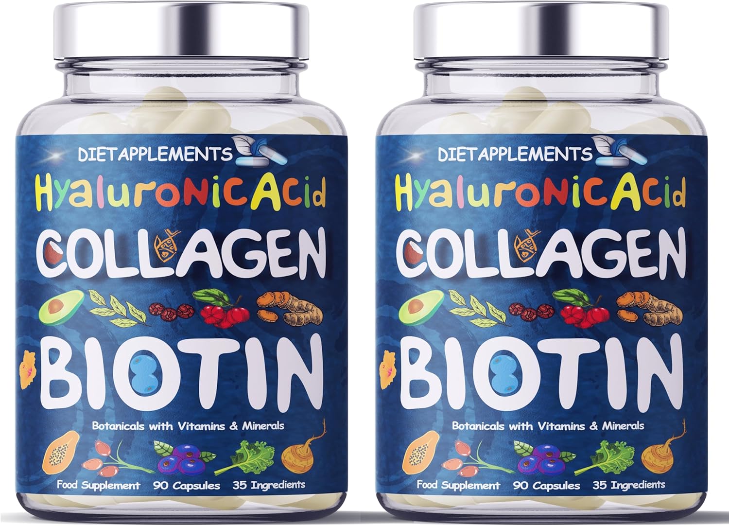 2 Bottles Marine Collagen Type1&amp;3 1800mg &amp; Biotin 10000mcg/serving, Hyaluronic Acid, Vitamins, Minerals Botanicals |2432mg/serving| Hydrolyzed High Strength Peptides Supplement | Skin, Hair, Nails (2)
