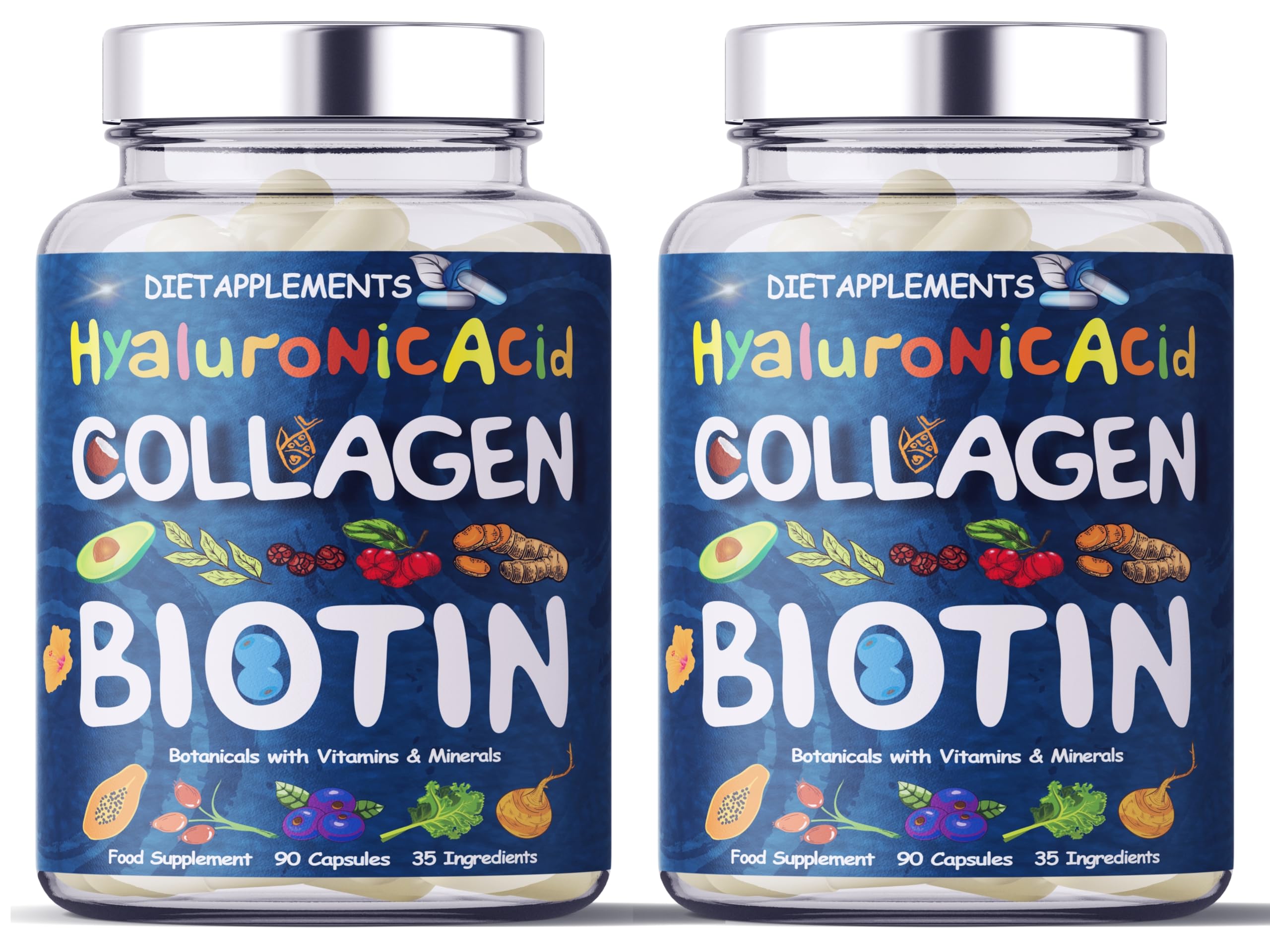 2 Bottles Marine Collagen Type1&3 1800mg & Biotin 10000mcg/serving, Hyaluronic Acid, Vitamins, Minerals Botanicals |2432mg/serving| Hydrolyzed High Strength Peptides Supplement | Skin, Hair, Nails (2)