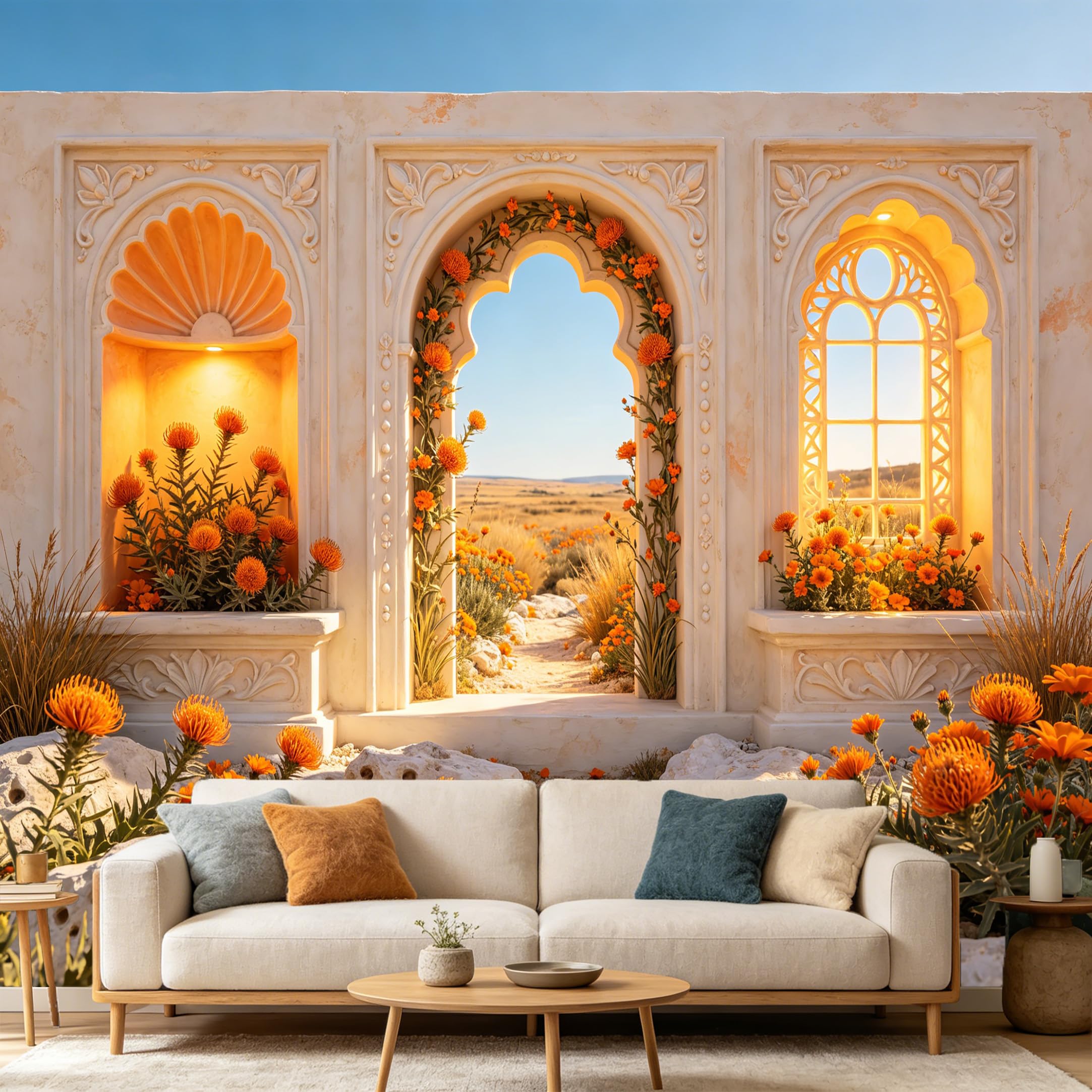 Custom Size Wall Mural， Mediterranean Archway Orange Flowers Desert Landscape， SelfAdhesive Art Prints wall Fabric Removable Large Wallpaper Home Living Room Decor