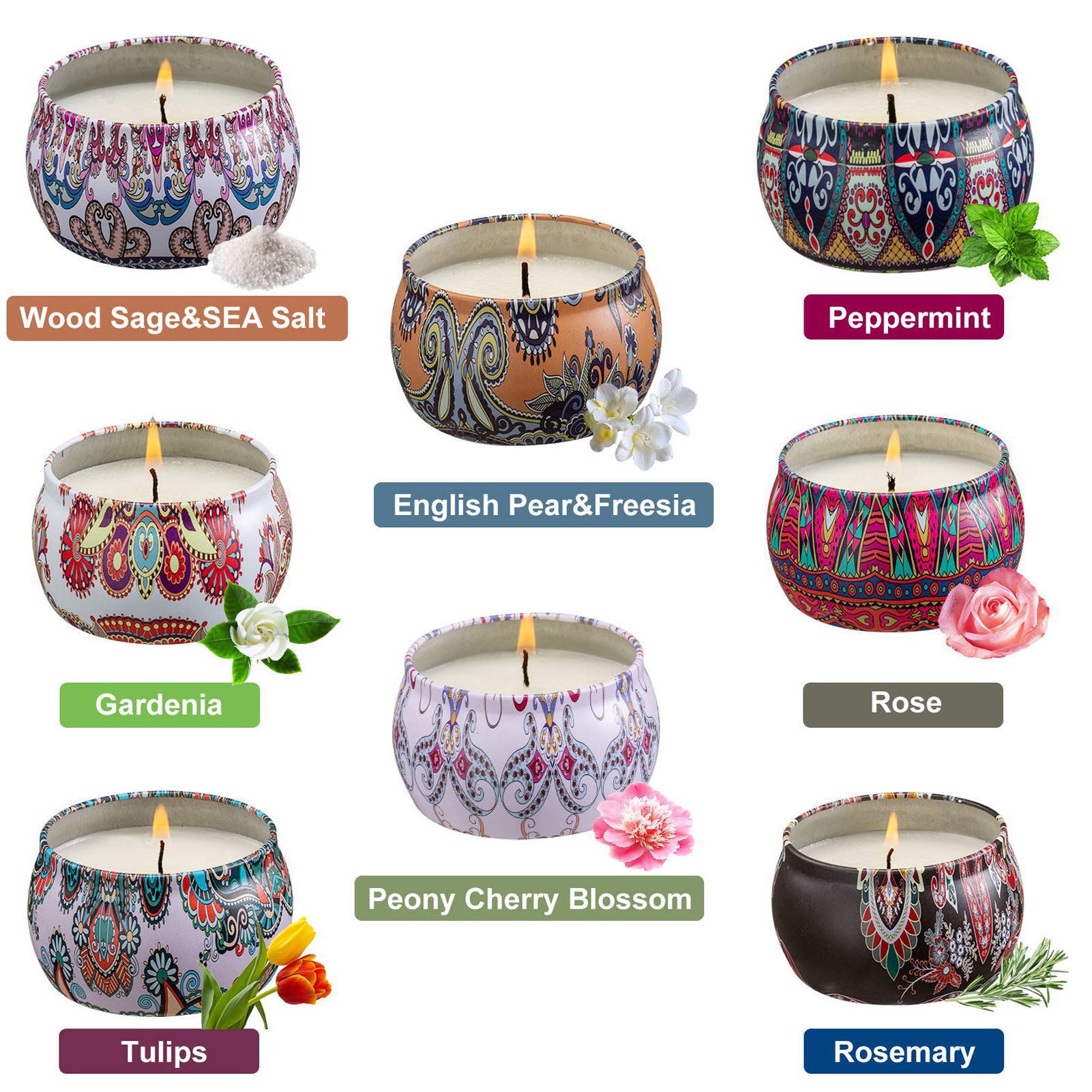 Set de velas con aroma 8, juego, puro natural de soja lata de soja cera velas de aromaterapia mujeres día de la madre cumpleaños decoración navideña